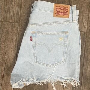 Levi's Sky Blue Denim Embroidered Daisies Frayed Shorts